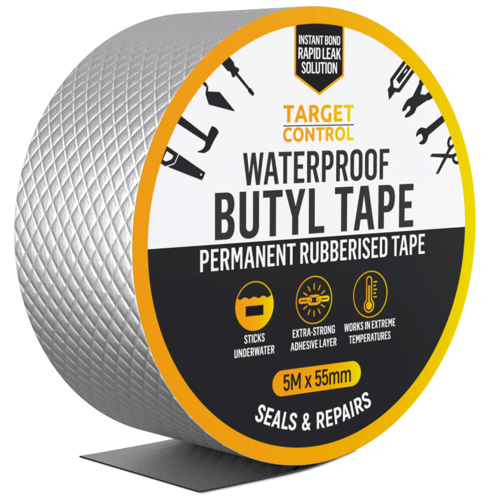 Target Control Waterproof Tape For Leaks | 5M X 55Mm | Pipe Leak Repair Tape, Butyl Waterproof Sealing Tape For Roof, Gutter & Outdoor Use 5007756031598