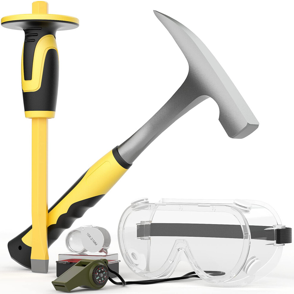 Incly 5 Pcs Geology Rock Pick Equipment Kit, 32 Oz. Fossil Hammer With 12" Mason Concrete Chisel, Safety Glasses,Whistle,Jewelers Loupe 5051226989230