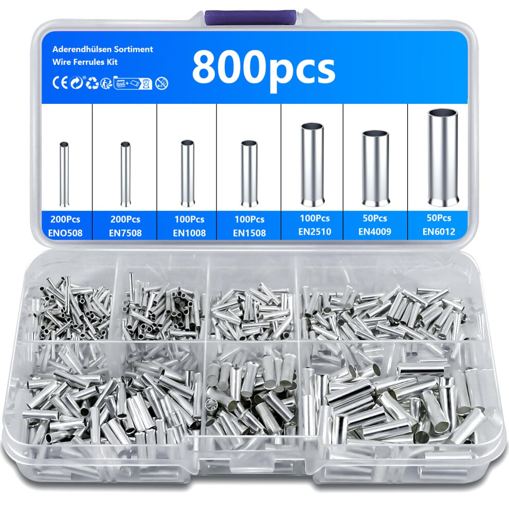 800 Pcs Wire Ferrules Kit, Non-Insulated Bootlace Ferrules, 10-22 Awg Uninsulated Ferrule Crimp Terminals, Tinned Copper Wire Ferrule Electrical Term 5001774129619