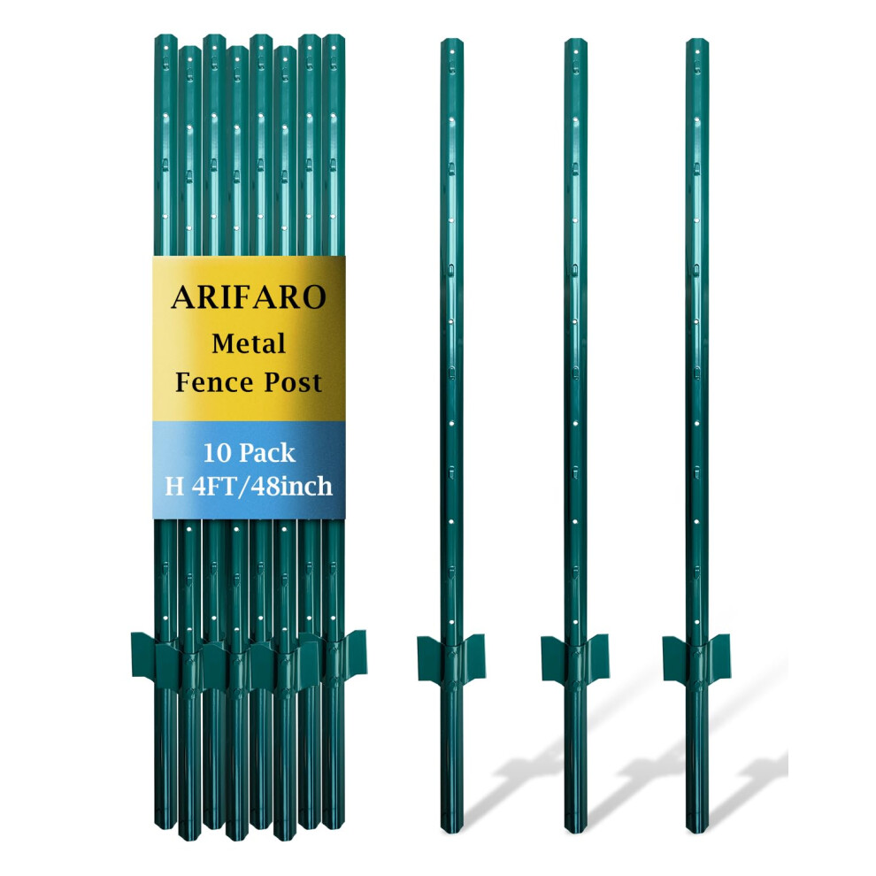 Arifaro Fence Posts 4 Feet Sturdy Duty Metal Fence Post, Pack Of 10, No Dig Garden U Post For Wire Fencing Steel Post For Yard, Outdoor Wire 5007232914094