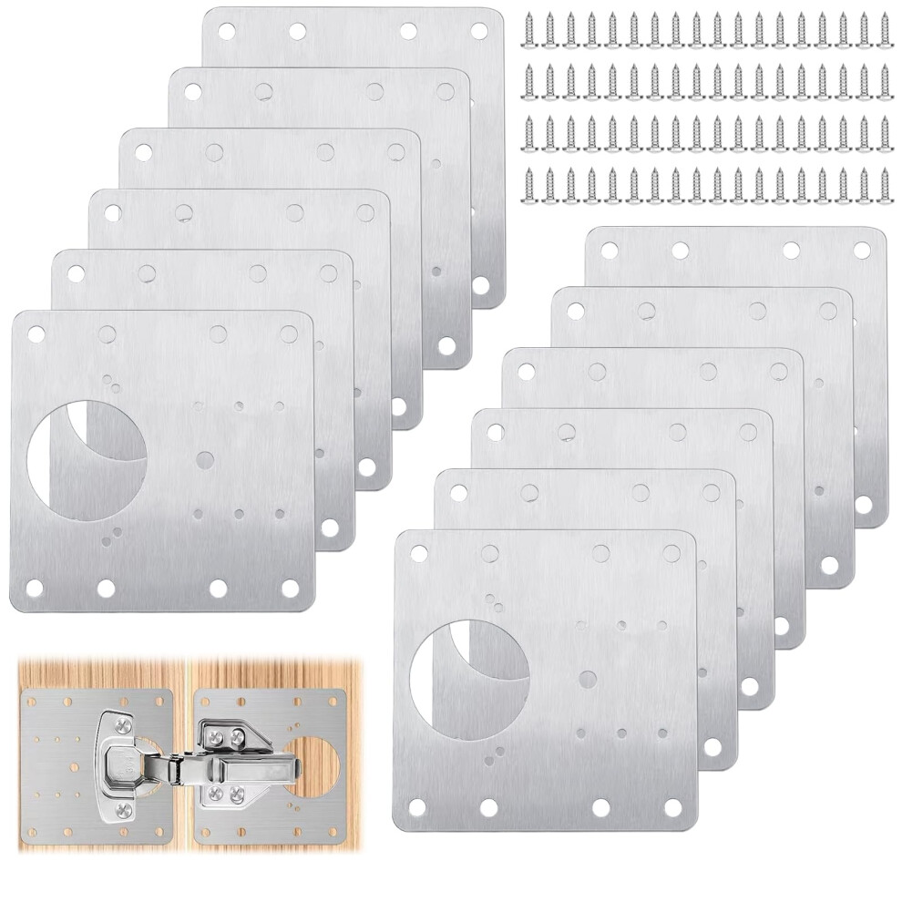 Selutiya 12Pcs Hinge Repair Plate,With 80 Pcs Screws,Kitchen Cupboard Hinge Repair Plate,Stainless Steel Hinges Repair Plates Brackets With Holes 5051226957888