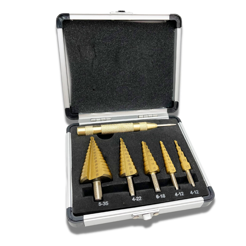 Step Drill Bits Set 6Pcs High Speed Steel Titanium Coated Cobalt Cone Step Drill Bit With Automatic Center Punch 5051226897207