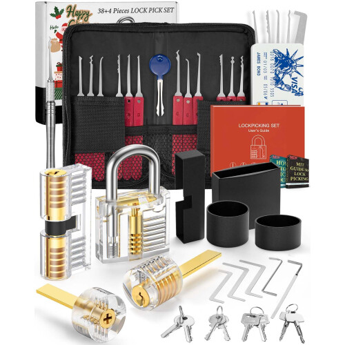 Eventronic 38+4 Piece Lock Picking Set, [2023 Upgrade Version] Lock Pick Tool Kit with 4 Transparent Training Locks for Lockpicking