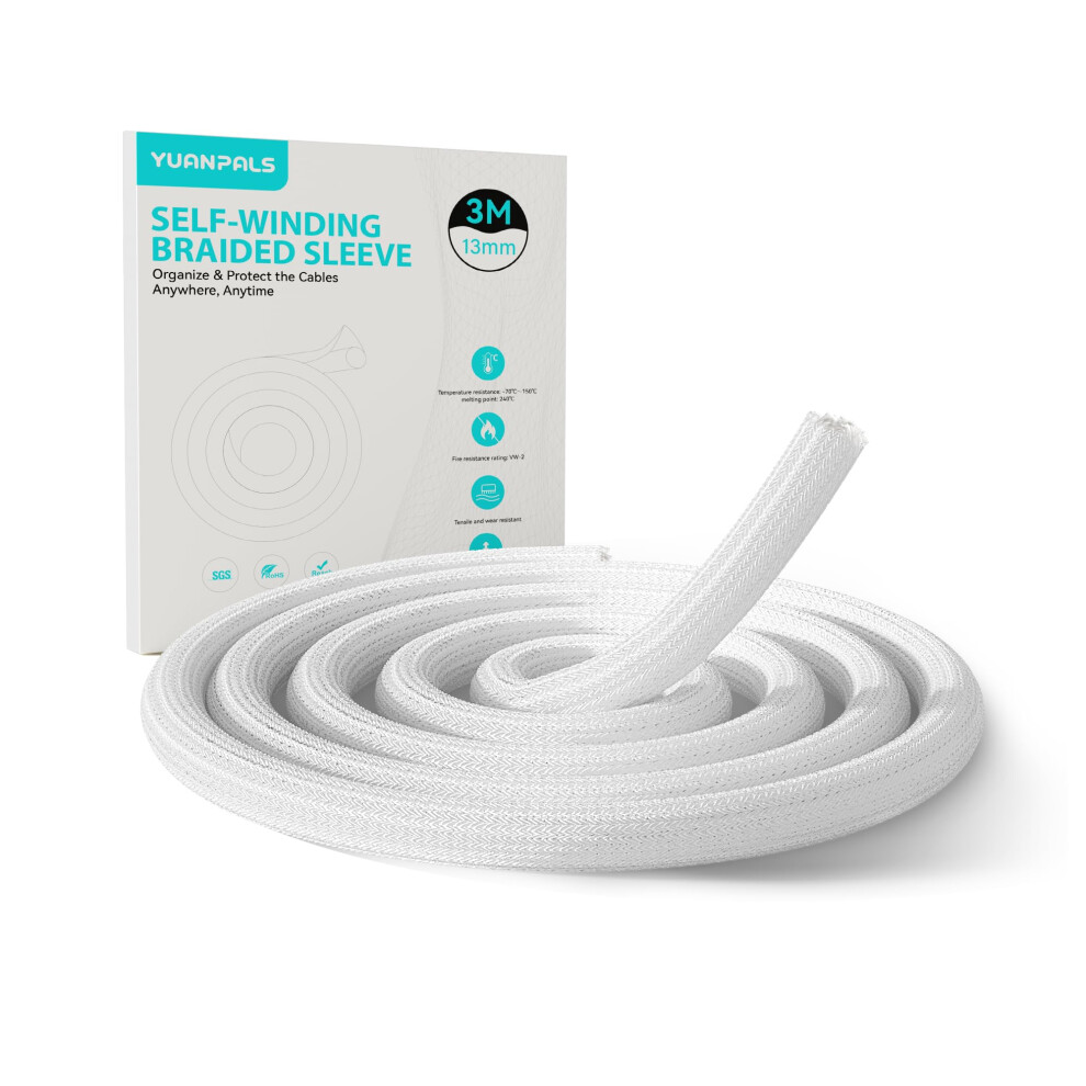 Yuanpals Cable Tidy Sleeve, 13Mm(0.51") - 3M(9.84Ft) Cable Management Tube For Pc/Tv, Self-Winding Wire Tidy Organiser For Home, Office(White) 7374097458246