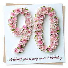 Happy 90th Birthday Card – Pink Floral Rose Design – Special 90th Birthday Card for Women – Made in UK