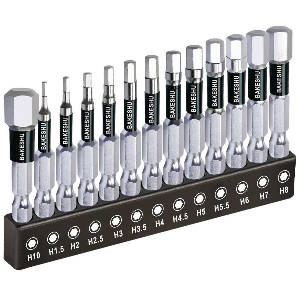Bakeshu 13Pcs Impact Hex Bit Set H1.5-H10,Magnetic Allen Key Drill Bit Set 50Mm 5003075364072