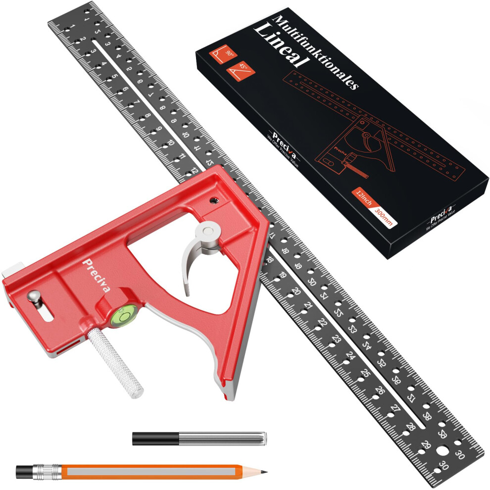 Preciva Combination Square With Pencil, 12Inch/300Mm Engineers Speed Squares 45/90 Degrees With Bubble Level, Aluminum Alloy Carpentry Tools 5051226934797