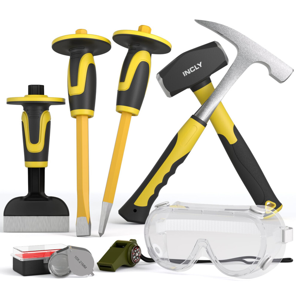 Incly 8Pcs Geology Rock Pick Equipment Kit, 3Lb Sledge & 32Oz Rock Hammer With 3Pcs Concrete Chisel, Safety Goggles, Jewelers Loupe 5051226939372