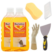 Wallpaper Stripper Bundle - 2 x 500ml Bartoline Wallpaper Remover Bottles, Blackspur 4" Scraper with Non-Slip Grip, Thick 2' Sponge, Gloves & Dust Sh