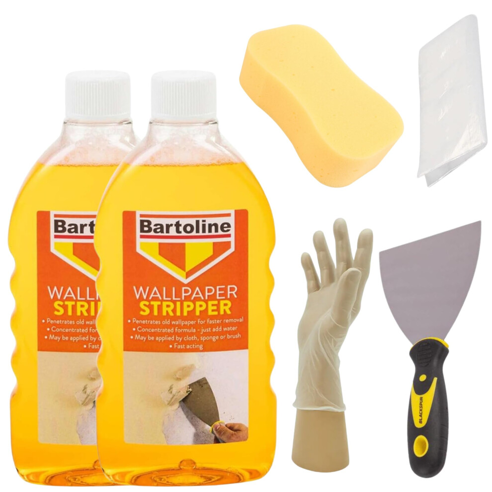 Wallpaper Stripper Bundle - 2 X 500Ml Bartoline Wallpaper Remover Bottles, Blackspur 4" Scraper With Non-Slip Grip, Thick 2' Sponge 5051226947575