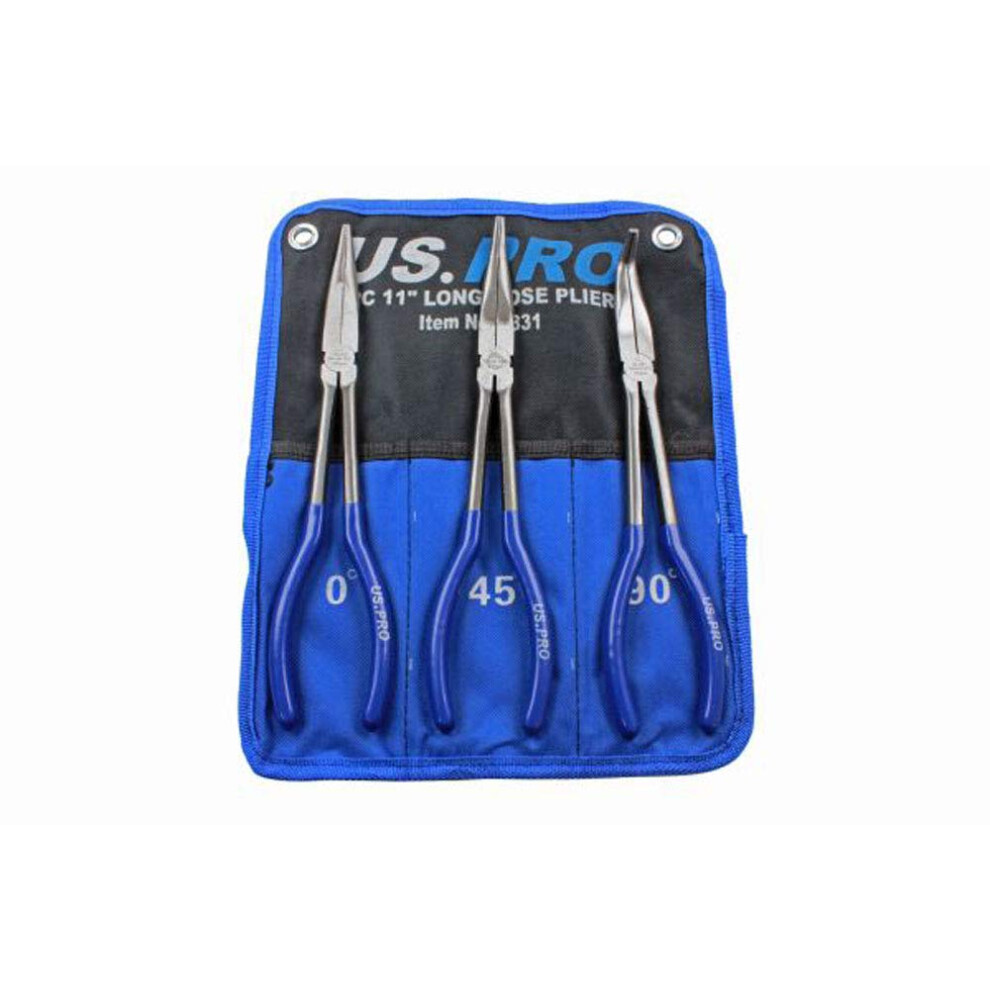 Us Pro Tools 3Pc 11" (275Mm) Long Reach Nose Pliers, Plier Set New 1831, Blue 5051226960055