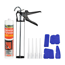 White Silicone Sealant Set - Everbuild General Purpose Anti Mould Waterproof Sealant, 11" Inch Black Caulking Gun, 4 Nozzles