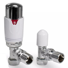 TC Angled Thermostatic Radiator Valve TRV & Lockshield 15mm x 1/2" Drayton TRV4 Style Chrome White Angle Pack EM