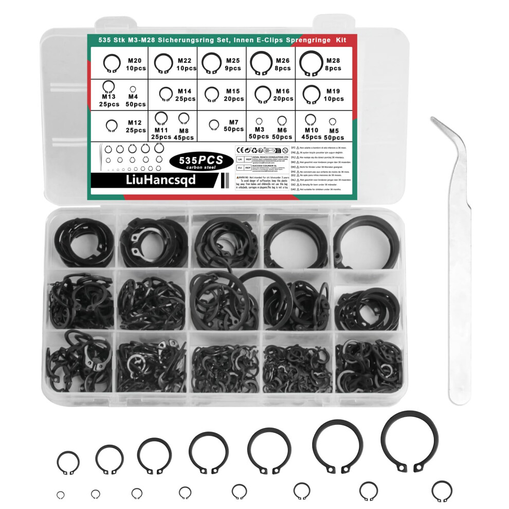 535Pcs Circlips Set, Circlips Assorted Sizes, External Retaining Ring Clips Assortment Set, Snap Ring, C-Clips 5051226949388