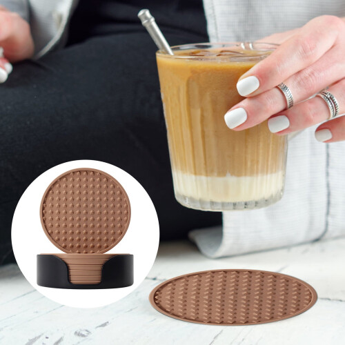 Silicone Coasters Set of 6 with Stand, Brown