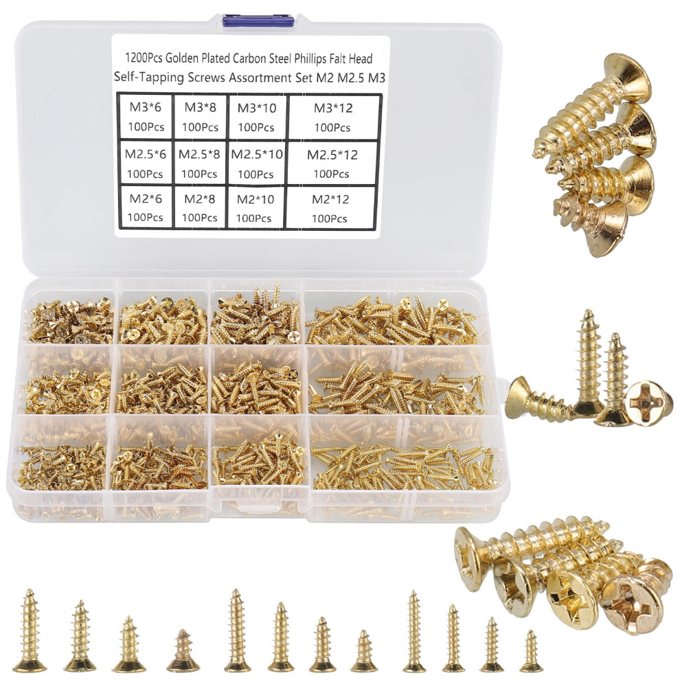 Fandway 1200Pcs Self Tapping Screws Kit,M2 M2.5 M3 Small Wood Screws Assortment,Countersunk Head Self Drilling Screw,Flat Head Sheet Metal Screw 5051226959981