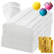 1200Pcs White Lollipop Sticks, 6IN Cake Pop Sticks with Clear Treat Bags & Gold Twist Ties for Candy Making Accessories