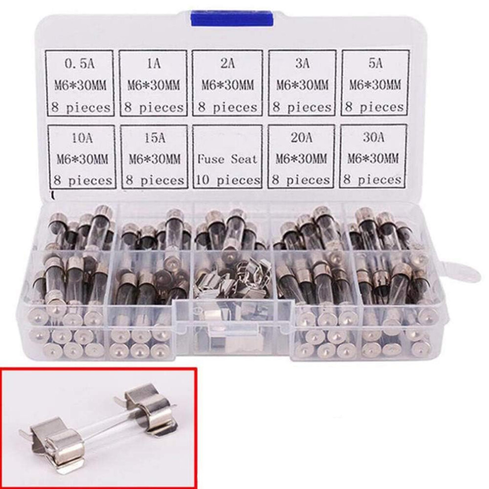 72Pcs Fast-Blow Glass Fuse Assortment Kit 6X30mm Ampere Values: 0.5A-30A 5051226994333