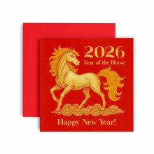 Huxters 2026 Lunar New Year Greeting Card, Year of the Horse Design, Red and Gold Premium Card with Envelope