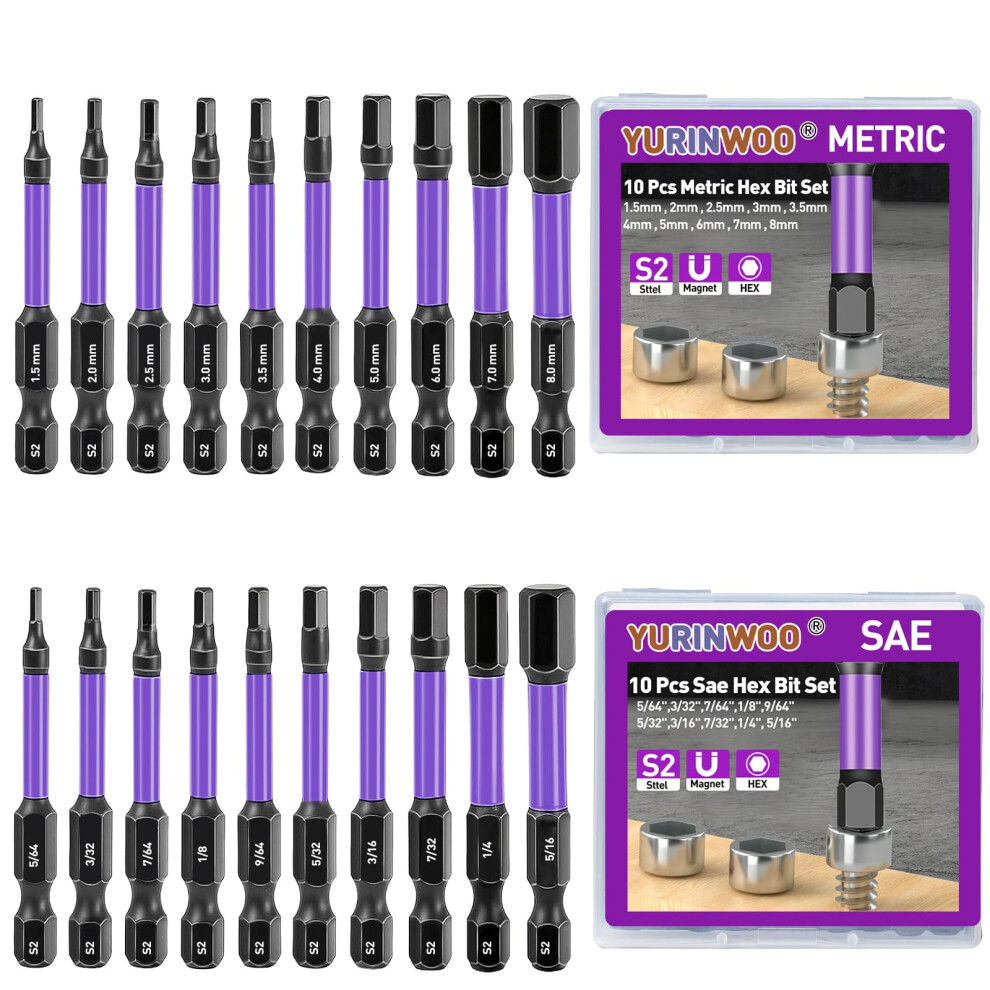 20Pcs Hex Head Allen Wrench Drill Bit Set (Metric & Sae), S2 Steel Bits Set, Cnc Machined Tips With Magnetism 5051226994487