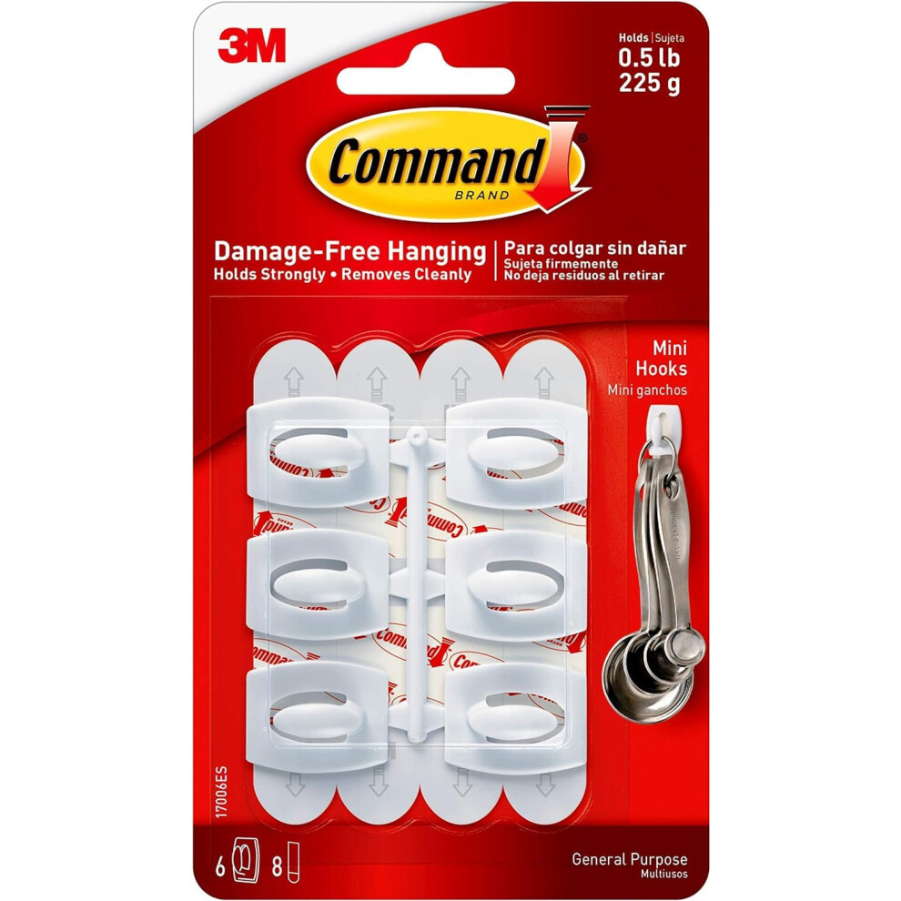 Command Mini Hooks, White - 6 Hooks And 8 Small Adhesive Strips - Damage Free Hanging 5002860273490