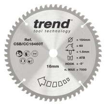 Trend Wood Cordless Mitre Saw Blade, 184mm Diameter, 16mm Bore, 60 Teeth, 1.6mm Kerf, -5 Hook, TCT, Extra-Fine Finish, CSB/CC18460T