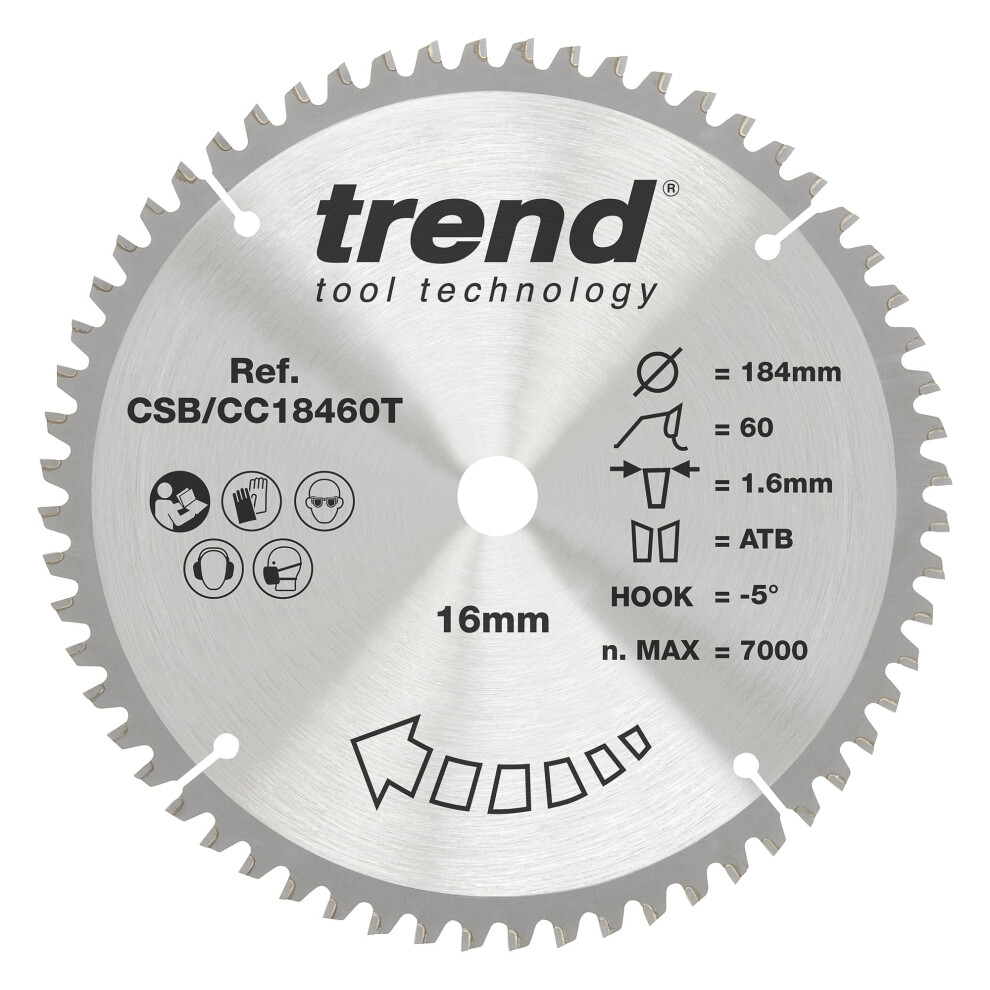 Trend Wood Cordless Mitre Saw Blade, 184Mm Diameter, 16Mm Bore, 60 Teeth, 1.6Mm Kerf, -5 Hook, Tct, Extra-Fine Finish, Csb/Cc18460t