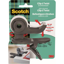 Scotch Clip & Twist Tape Dispenserr, Grey, 1 Roll Included, 19 mm x 8.89 mm - Portable One-Handed Dispensing, Clip to Tables, Desks, Monitor Stands