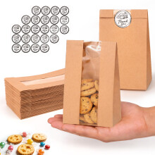 WNSIRVY 50 Pack Cookie Bags with Window, 3.5"x 2.3"x7.5" Kraft Paper Bakery Bags with Stickers for Snack, Cupcake, Popcorn, Coffee Bean, Party Favor
