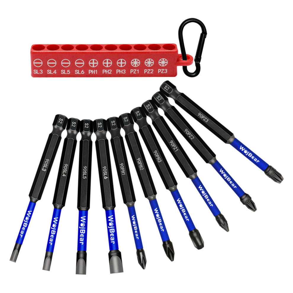 Wojbear 10Pcs Magnetic Impact Driver Bits, 90 Mm Long Magnetic Pozidriv Screwdriver Bits, Sl3 Sl4 Sl5 Sl6 Pz1 Pz2 Pz3 Ph1 Ph2 Ph3 5051226967481