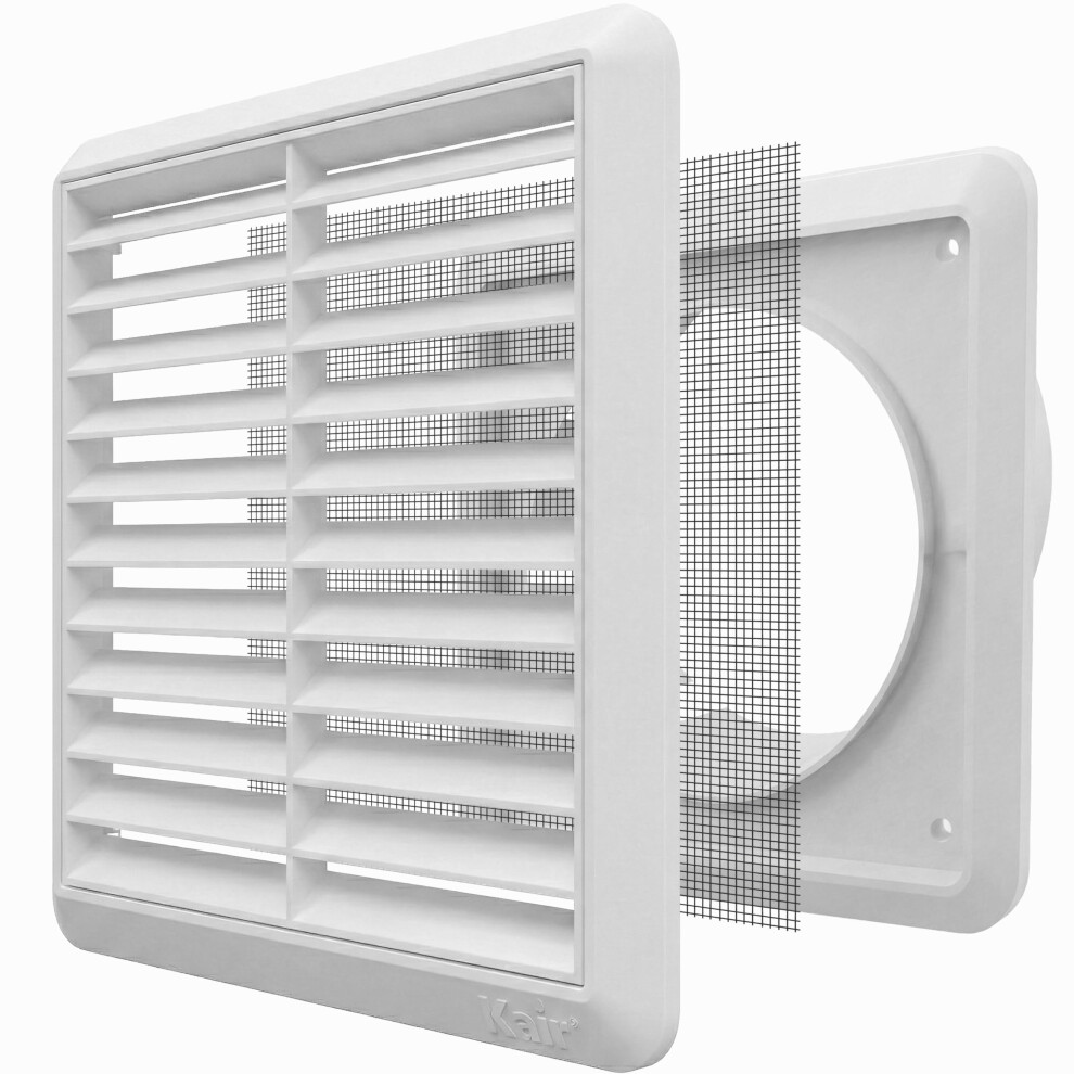 Kair White 150Mm Louvred Wall Vent Grille With Flyscreen - 150Mm / 6 Inch Round Rear Spigot & 183Mm Front Cover 5051226995750