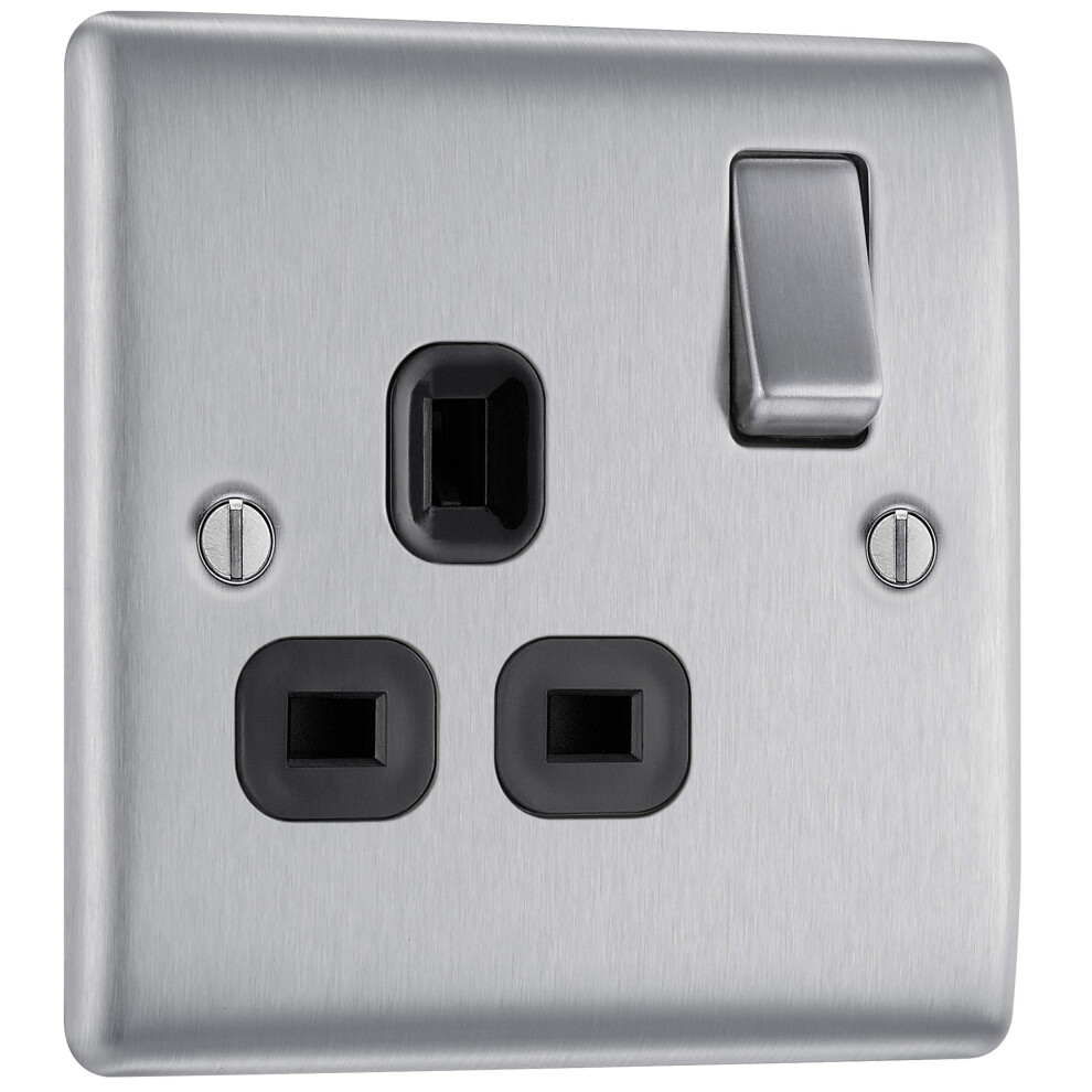 Bg Electrical Single Switched Power Plug Wall Socket, Raised And Slim Profile, Round Edges, Nexus Metal, Brushed Steel, Black Inserts, 13A, Nbs21b 5051226894282