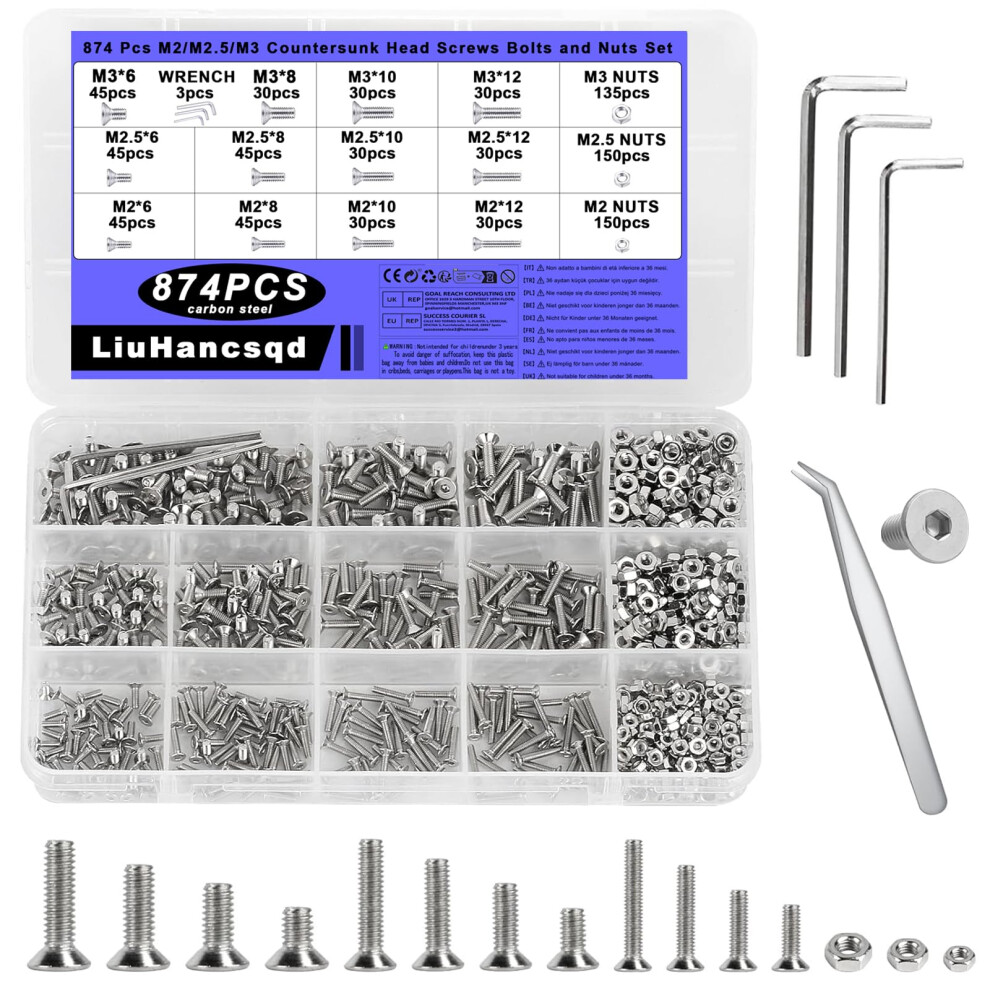 M2 M2.5 M3 Screws Set, 874 Pcs Flat Hex Socket Head Cap Bolts And Nuts Set, Flat Machine Screws, Countersunk Bolts Set 5051226896835
