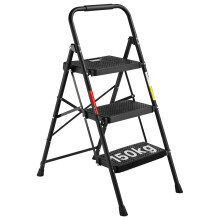 BONTEC 3 Step Ladder, Folding Steel Step Stool with Wide Anti-Slip Pedals and Sponge Handle, Capacity 150kg, Lightweight Portable Stepladder