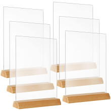 MIVIDE 6PCS A5 Acrylic Sign Holder, A5 Acrylic Double Sided Display Stand with Wood Base, T-Shape Perspex A5 Menu Stand Sign Holder for Tables, Poste