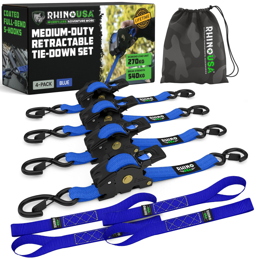 Rhino Usa Retractable Ratchet Straps (4-Pack) - 2.5Cm X 3M (540Kg Break Strength) - Medium Duty Auto Self-Retracting Tie Down Straps For Truck 5051227929341