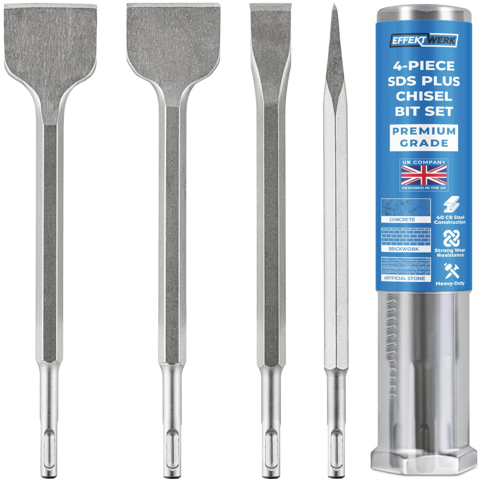 Effektwerk - Sds Plus Chisel Bit Set - 4 Pc - 1 Flat, 1 Pointed, 1 Scaling & 1 Tile Chisel - Heavy-Duty For Concrete Demolition & Masonry Removal 5051226897115