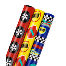 RUSPEPA Birthday Wrapping Paper Roll - Mini Roll - Cool Racing Cars Set Perfect for Party, Celebrating, Baby Boy Present Packing - 3 Rolls - 43.2 cm