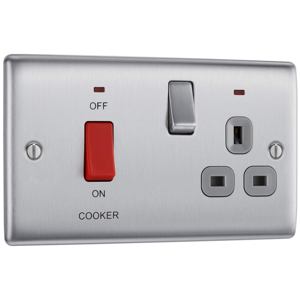 Bg Electrical Cooker Switch With Socket And Led, Cooker Control Unit, Control Socket, Double Pole, Raised Profile, Round Edges, Nexus Metal 5051226971341