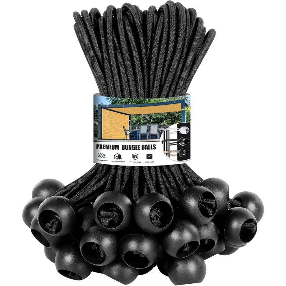 Bungee Cords With Balls 6 In, 50 Pcs Heavy Duty Black Bungee Cord Straps | Bungee Ties With Balls For Tents & Flag Pole 5051226939105