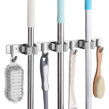 SHYOSUCCE Broom Mop Holder, Stainless Steel Broom Storage with 3 Racks and 4 Hooks, Wall Mounted Organizer for Kitchen, Bathroom, Garage and Garden