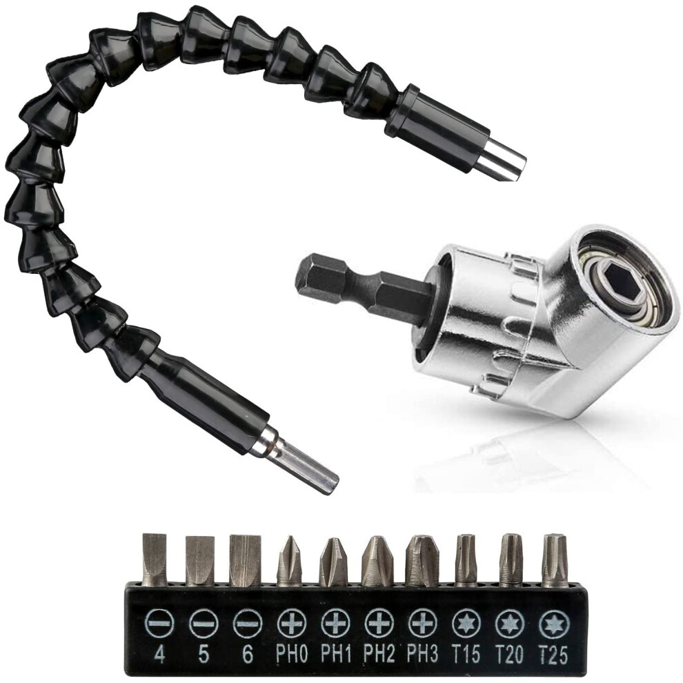 12Pcs Right Angle Drill And Flexible Angle Extension Bit Kit 300Mm Flexible Drill Bit Extension Shaft + 105 Degree Right Angle Drill Attachment + 5051226889868