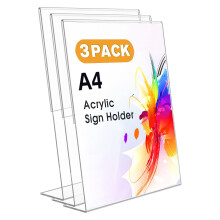 Ourui A4 Acrylic Sign Holder, 3 Pack Clear Display Table Sign Stand, L-Shape Plastic Message Board Stand for Exhibition, Office, Store, Restaurant