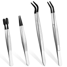 4 Pcs Stainless Steel Tweezers Set with Rubber Tips Tweezers Sewing Machine Tweezer Straight& Flat &Long Bent End Pincers Universal Tweezer for