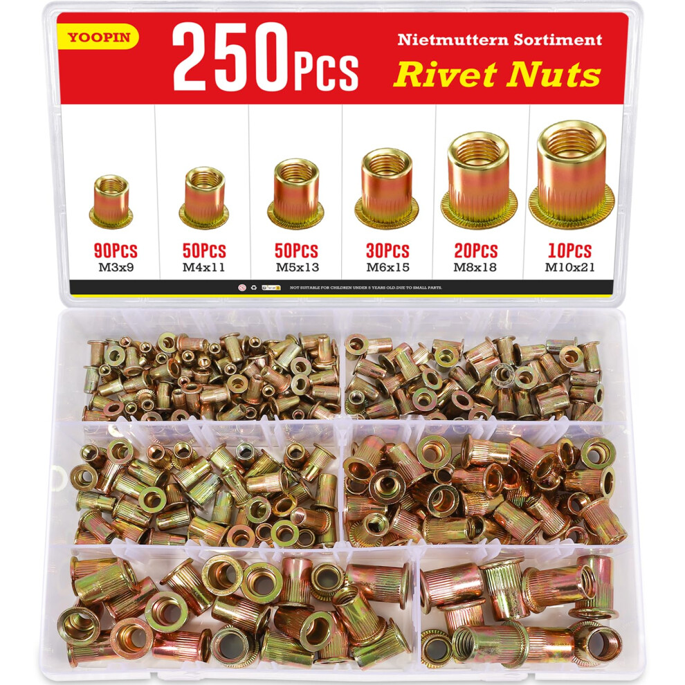 Yoopin 250Pcs Rivnut Kit, Zinc Plated Carbon Steel Rivet Nut, M3 M4 M5 M6 M8 M10 Rivnuts Assortment Set 5051226895760