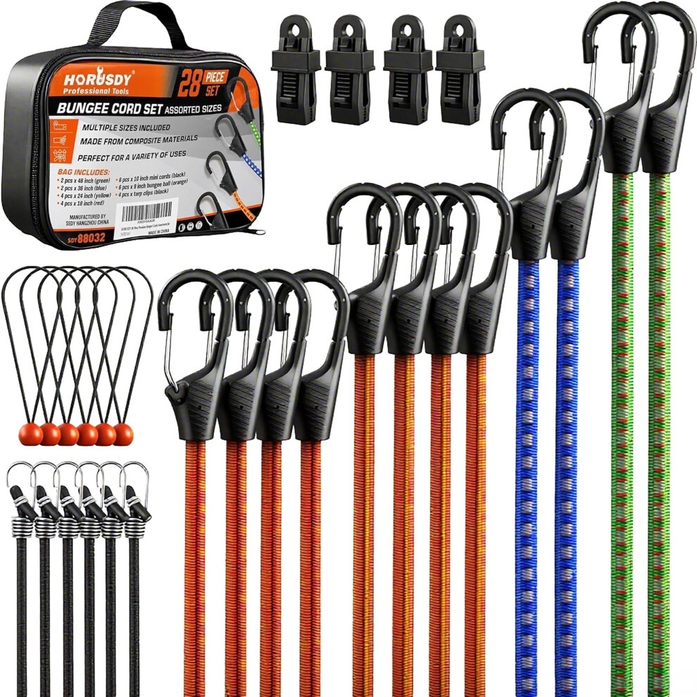 Horusdy 28-Piece Premium Bungee Cords With Hooks, Includes 10Â, 18Â, 24Â, 36Â, 48Â, Bungee Cord Assortment (10 To 48 Inch)Ï¼Canopy/Tarp Bal 5003487345164