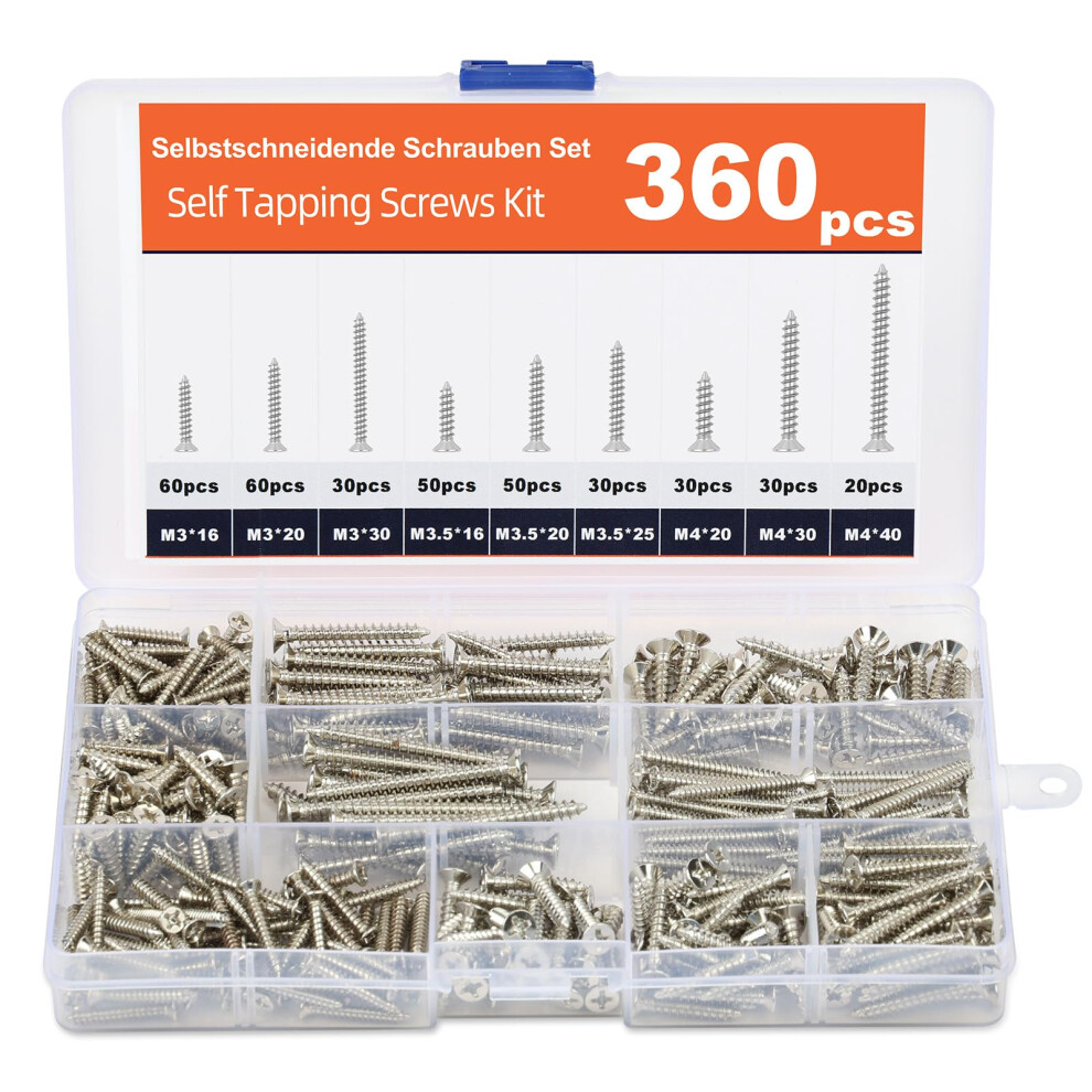 Flintronic Wood Screws, 360Pcs Countersunk Wood Screws Assortment, Countersunk Self Tapping Screws, M3 M3.5 M4 M8 Screws For Wood, For Diy, Repairs & 5005109857925