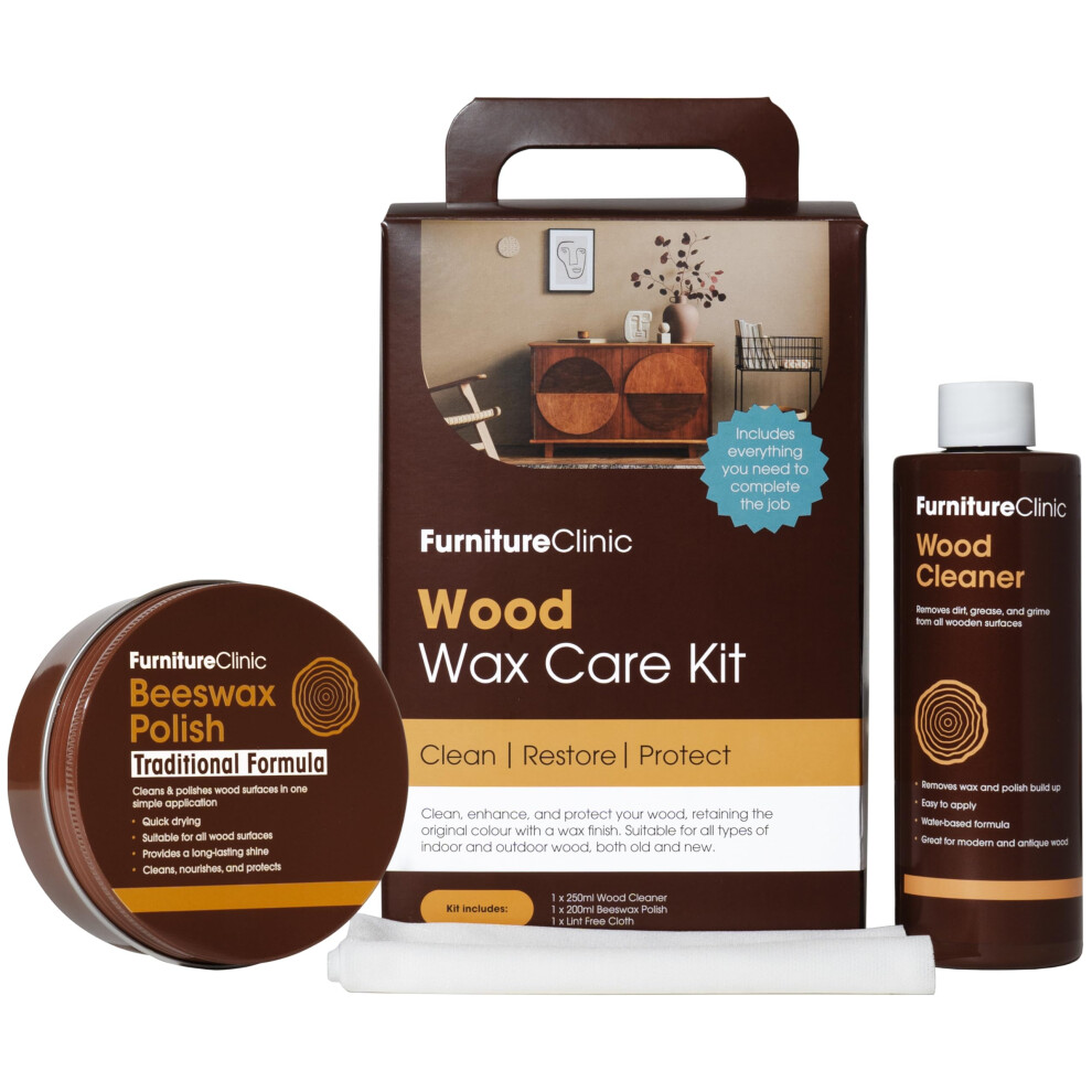 Wood Wax Kit - Use To Clean, Wax, Polish & Protect All Items Such As Furniture, Worktops & Doors - Contains 250Ml Wood Cleaner 5051226995521
