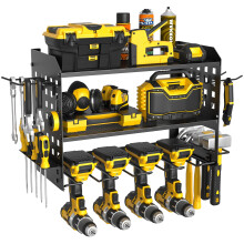 Yeabett 3 Layer Power Tool Storage, Tool Rack for 4 Drill Holders, Heavy Duty Wall Mounted Rack for Garage, Home, Workshop (Black)
