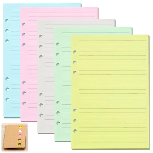 5 Pack A5 Binder Refill Paper, 100 Sheets Lined Filler Paper with 120 Sticky Notes